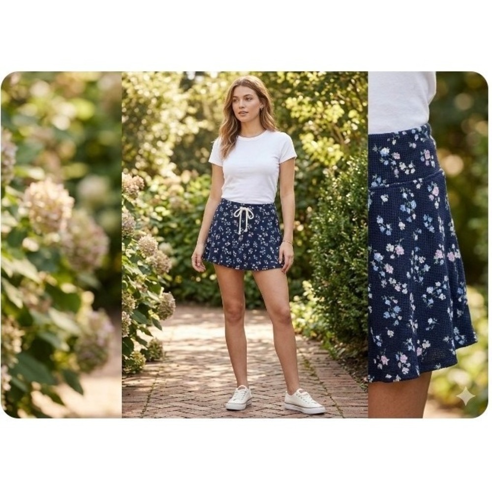 Gilly Hicks Navy Floral Waffle Knit Skort Mini Skirt with Built-in Shorts Medium